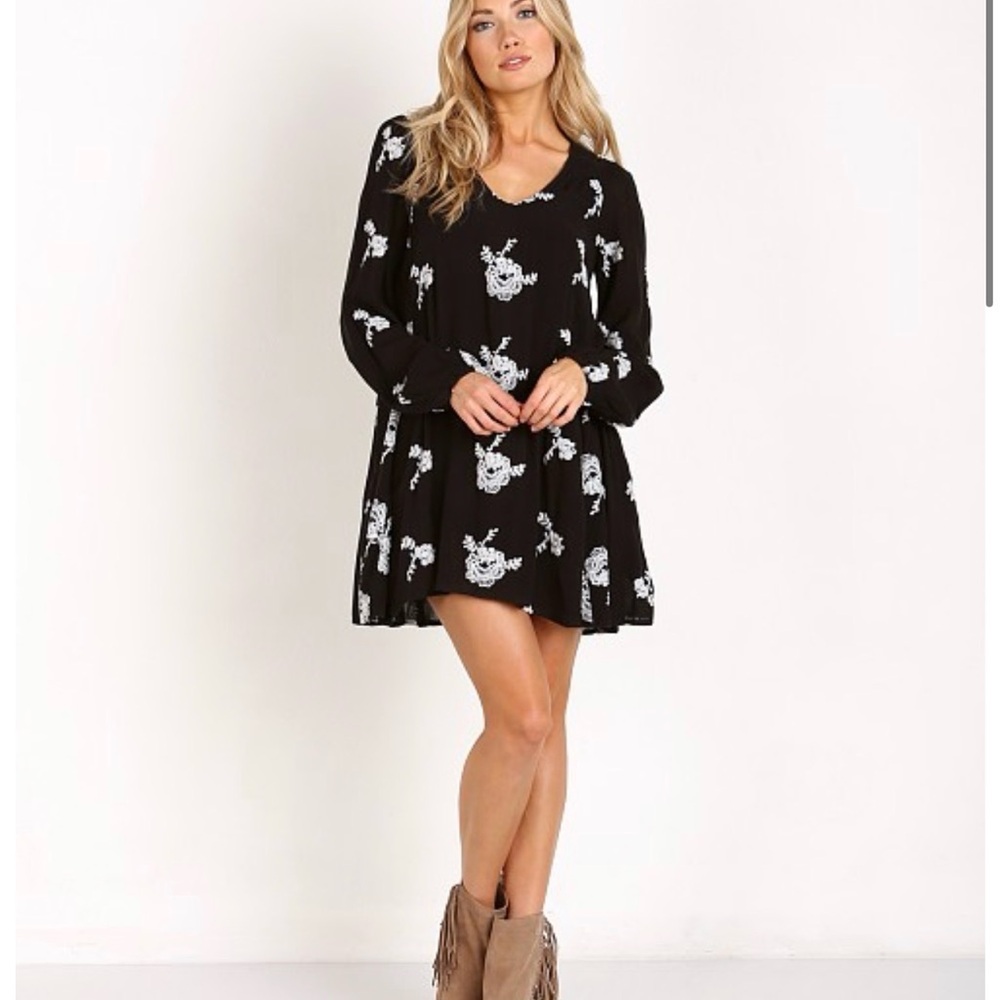 Free People Black and White Floral Long Sleeve Dress